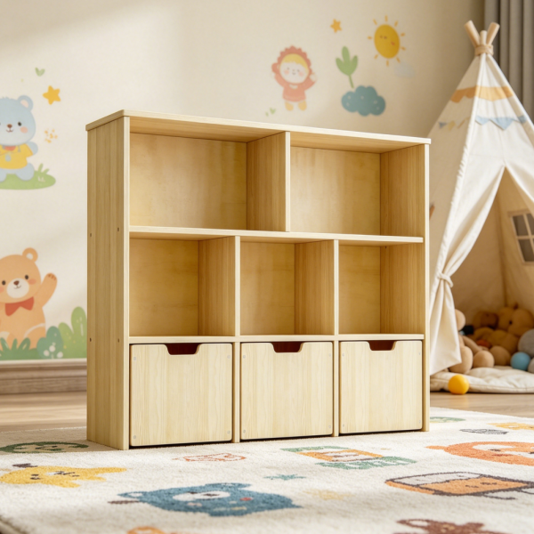 Solid Pine Wood Toy Storage with 3 Rolling Drawers Burlywood